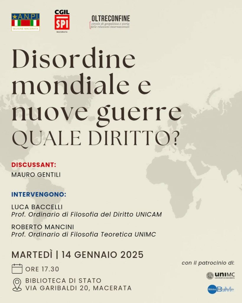 locandina evento disordine mondiale e nuove guerre quale diritto?